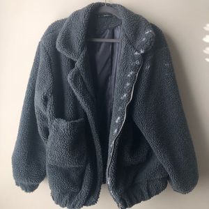 Zaful Grey Teddy Fuzzy Zip-Up Coat Pixie Coat